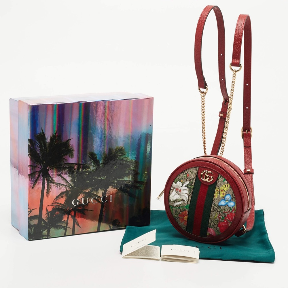 Authentic Gucci Red GG supreme Canvas and Leather Mini Floral Ophidia Backpack